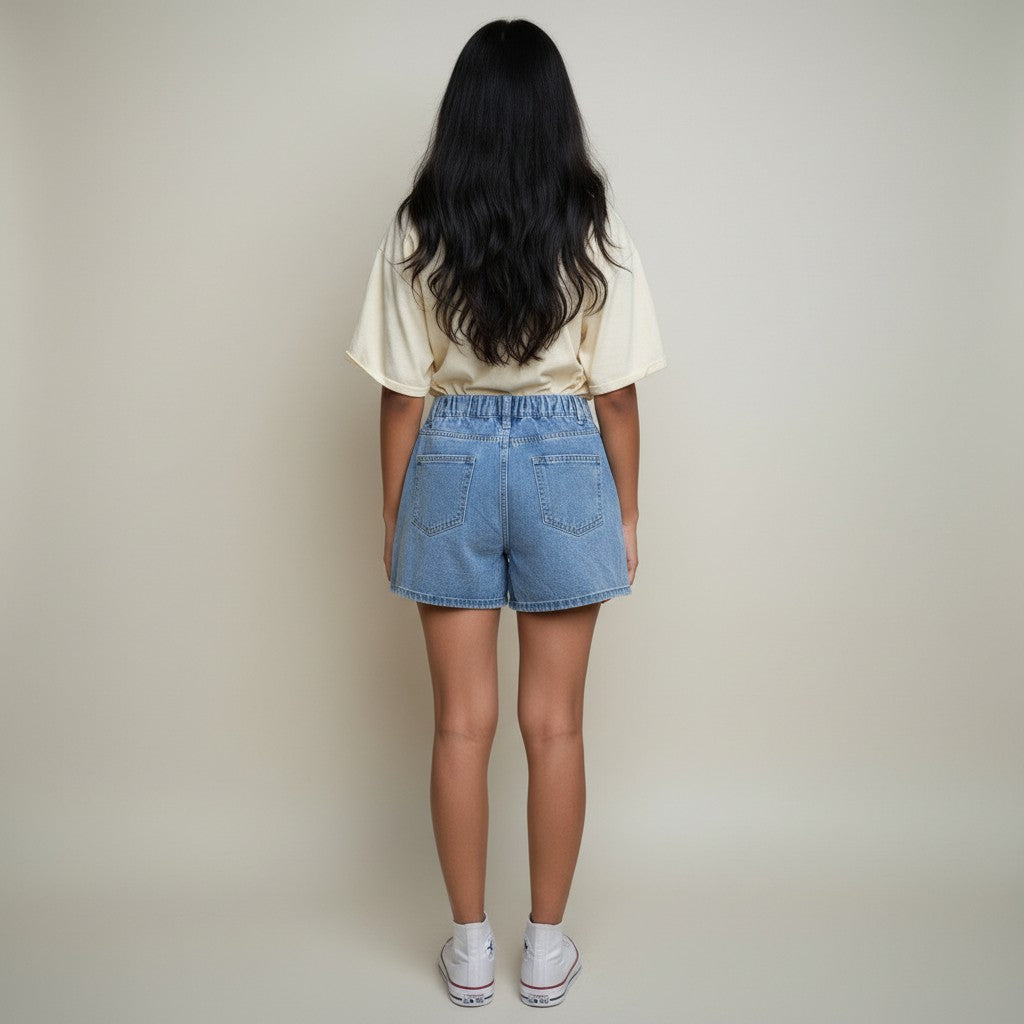 Women’s High-Waist Light Blue Denim Shorts with Elasticated Back
