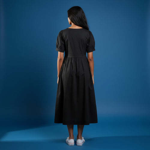 Black Flared Midi Dress with Contrast Waist Tie