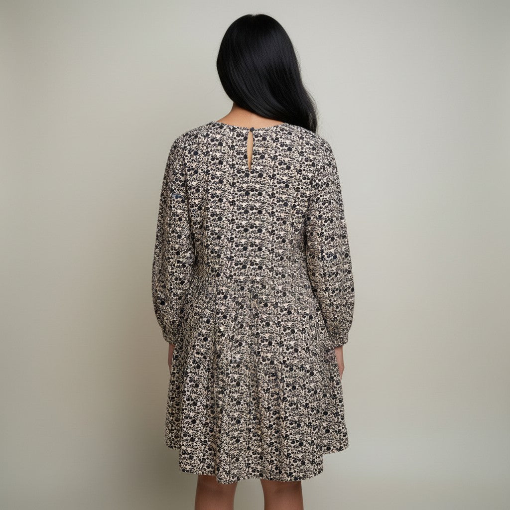 Floral Print Long Sleeve Flared Dress