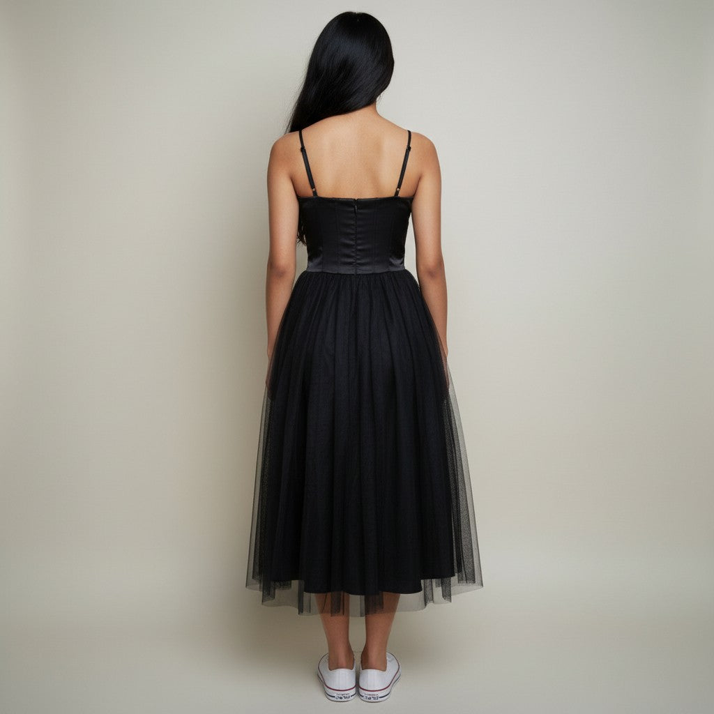 Women’s Black Spaghetti Strap Tulle Midi Dress