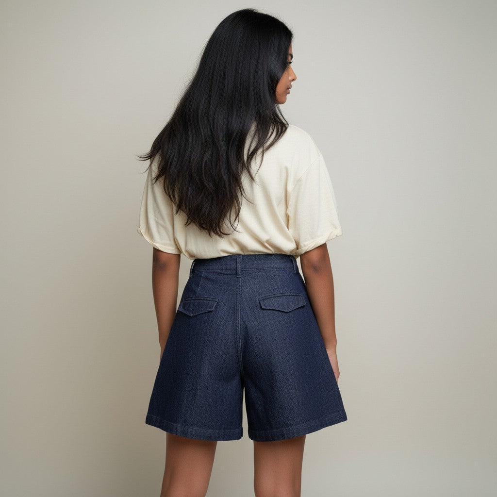 Women’s Dark Blue Denim Shorts – High-Waist Wide Leg Casual Shorts
