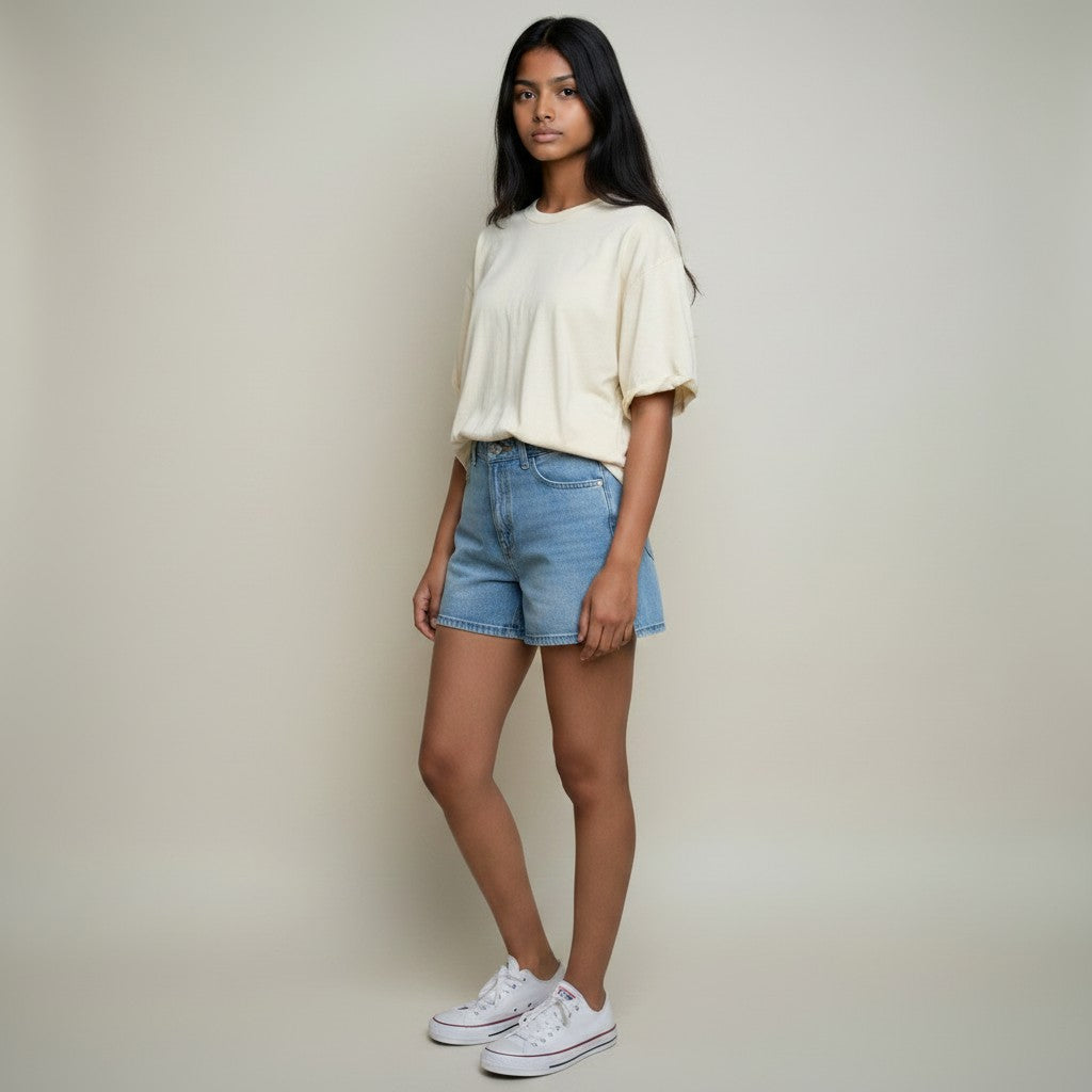 Women’s High-Waist Light Blue Denim Shorts with Elasticated Back