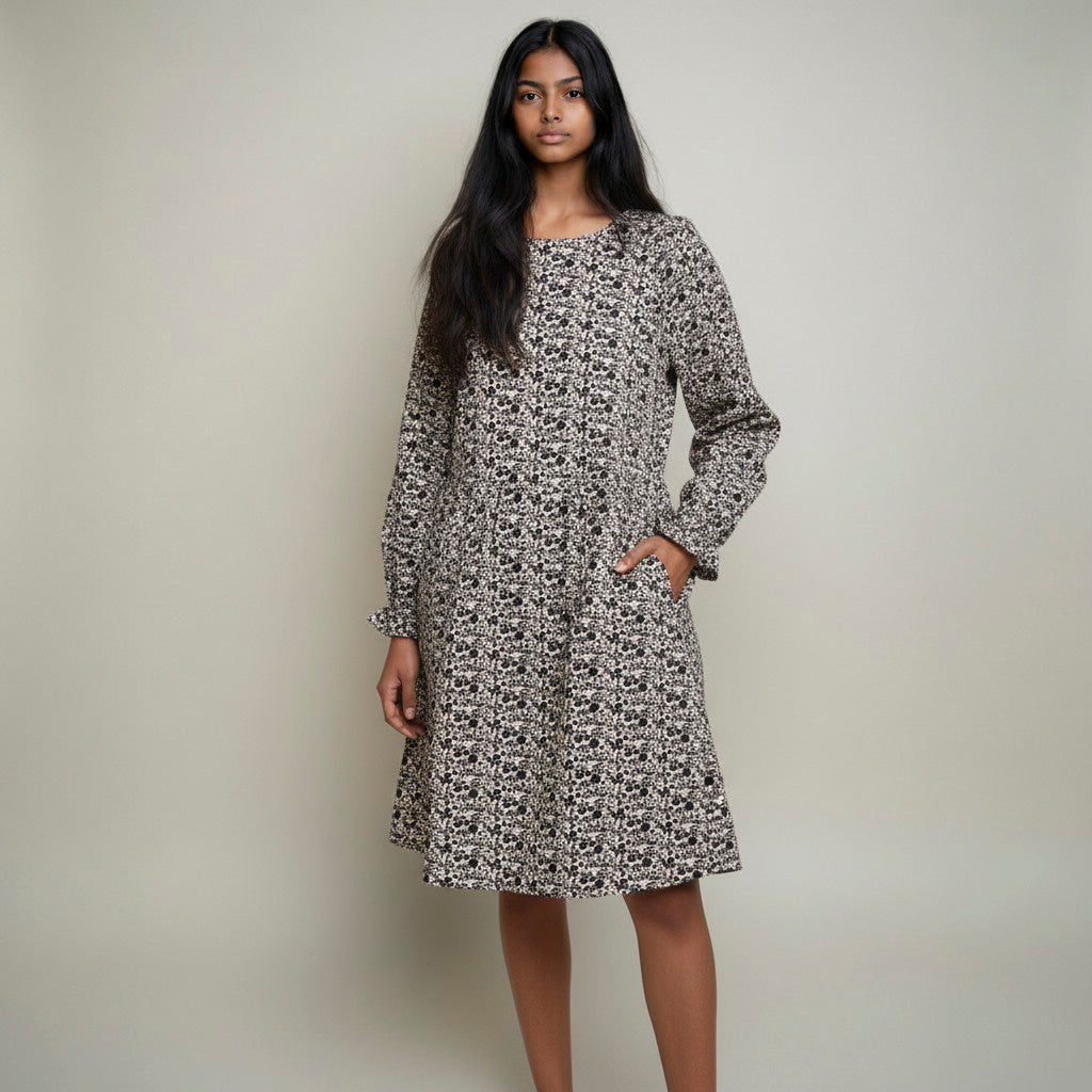 Floral Print Long Sleeve Flared Dress