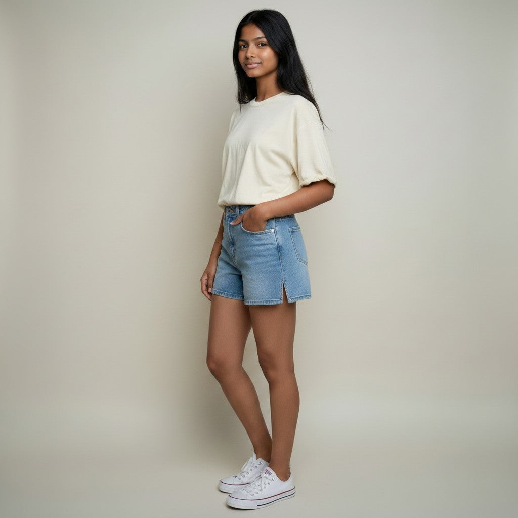 Women’s High-Waist Light Blue Denim Shorts with Elasticated Back