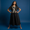 Black Flared Midi Dress with Contrast Waist Tie