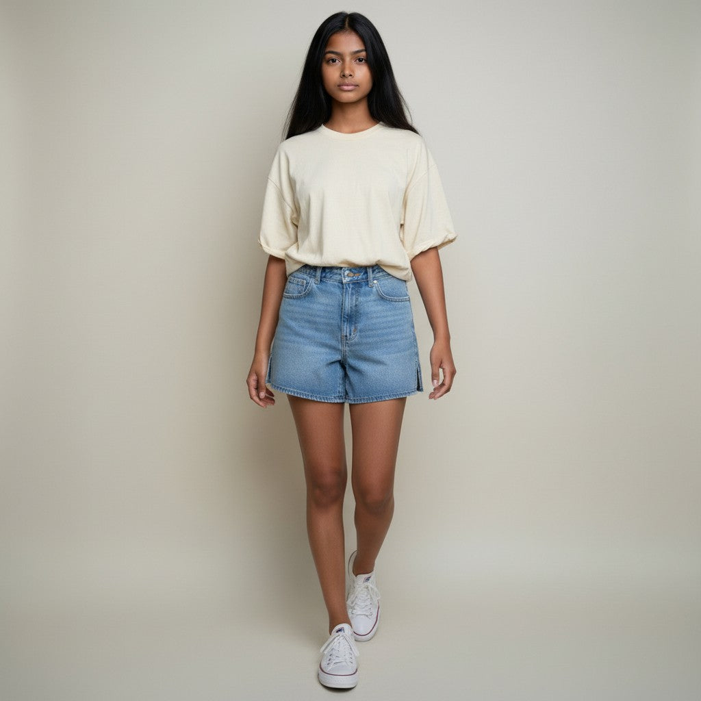 Women’s High-Waist Light Blue Denim Shorts with Elasticated Back