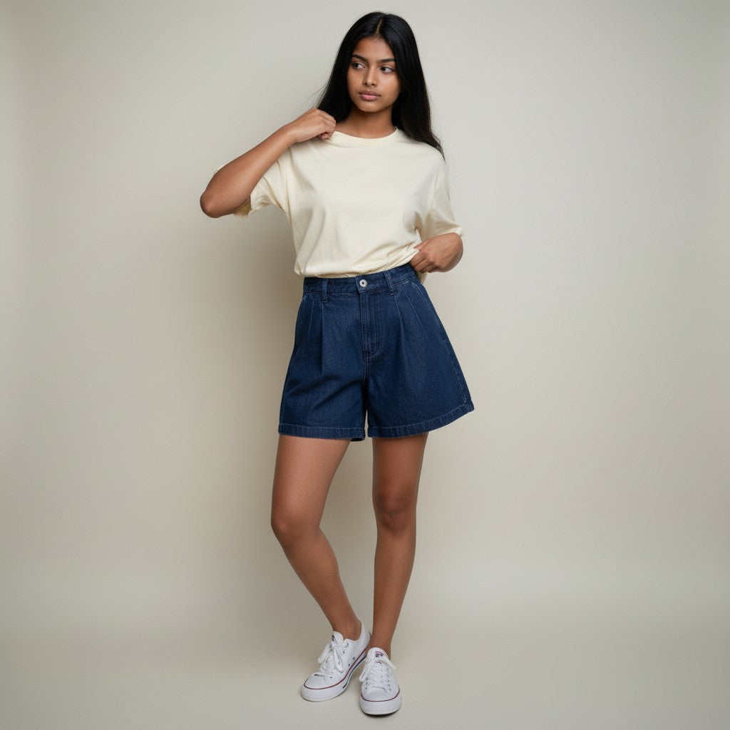 Women’s Dark Blue Denim Shorts – High-Waist Wide Leg Casual Shorts