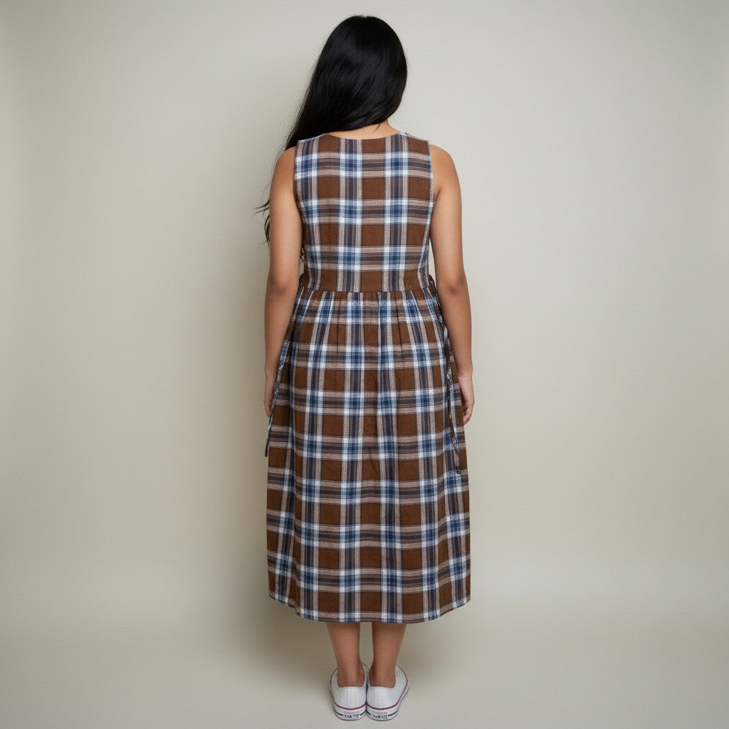 Women’s Brown & Blue Plaid Checkered A-Line Midi Dress