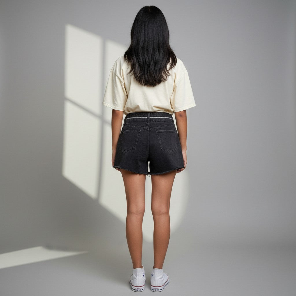 Women’s Black High-Waisted Denim Shorts with Asymmetric Zip & Frayed Hem