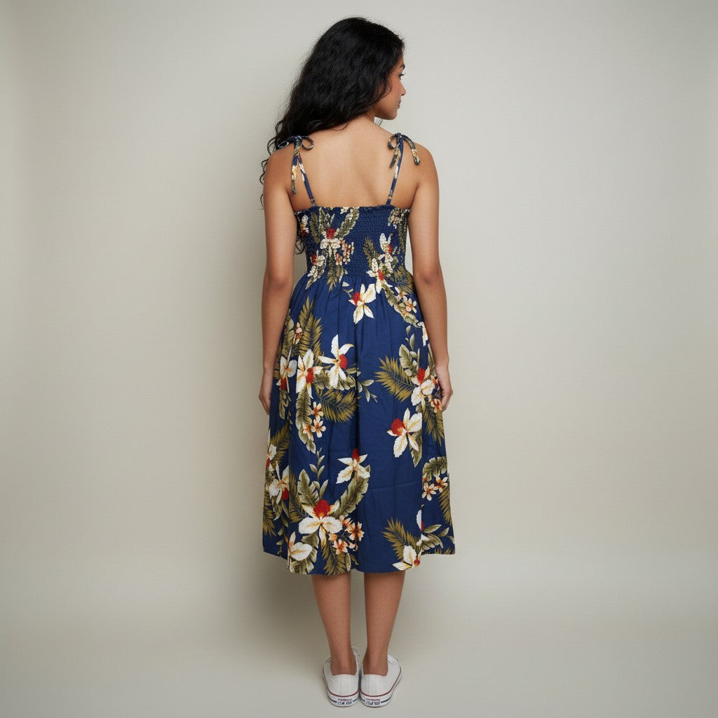 Women’s Navy Blue Floral Printed Smocked Midi Dress with Tie-Up Straps