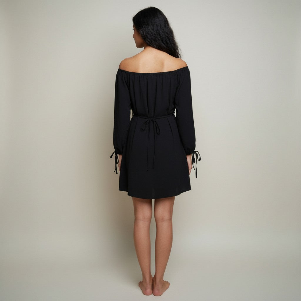 Women’s Black Off-Shoulder Mini Dress with Balloon Sleeves