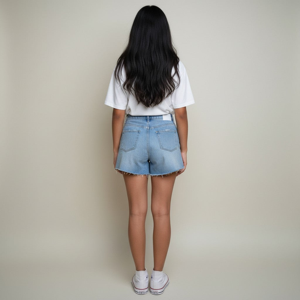 Women’s Light Blue High-Waisted Denim Shorts with Frayed Hem