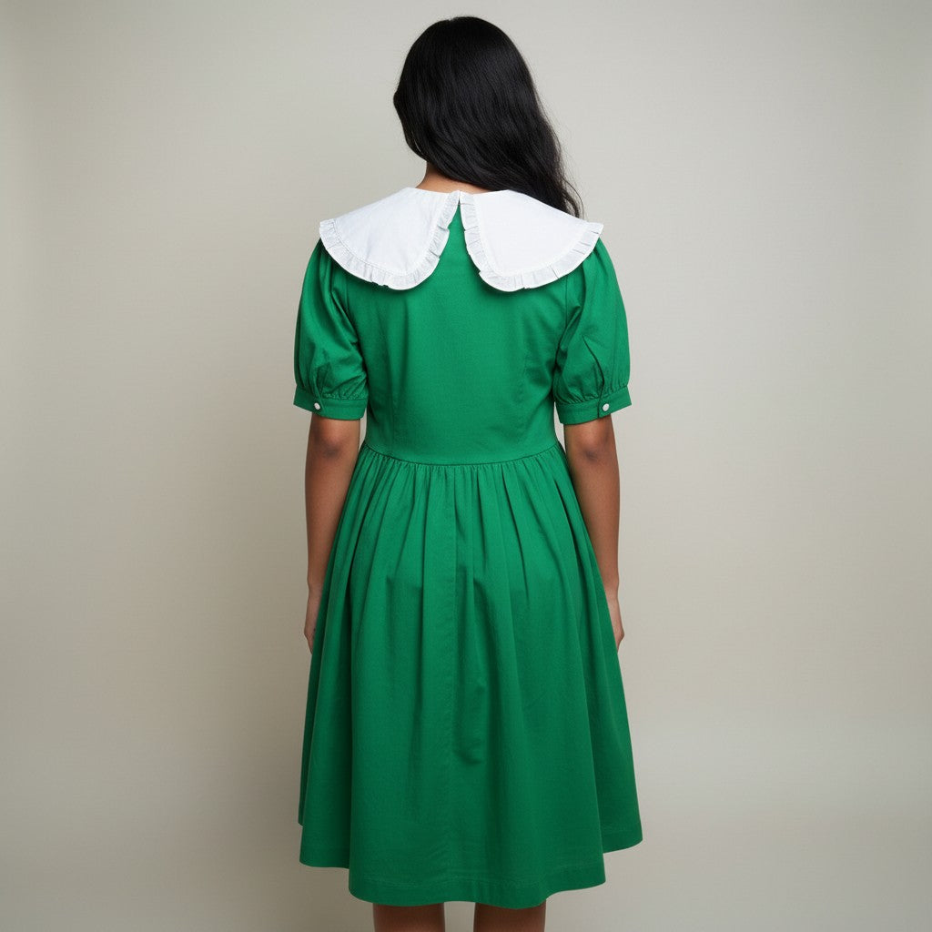 Women’s Green Fit & Flare Mini Dress with White Peter Pan Collar