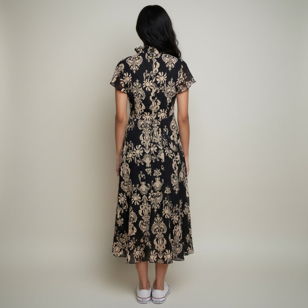 Women’s Black & Beige Floral Printed A-Line Midi Dress