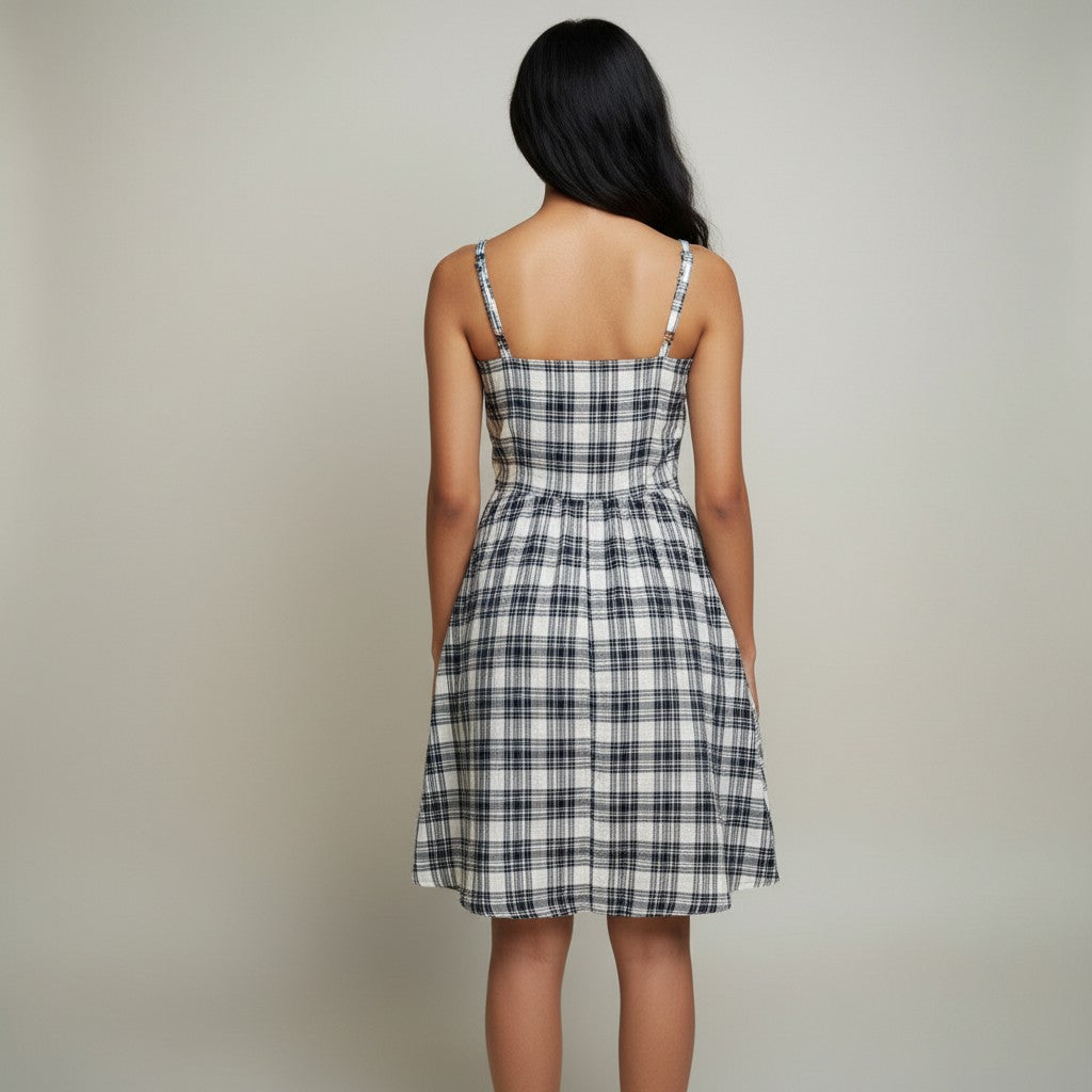 Black & White Plaid Tie-Waist Midi Dress