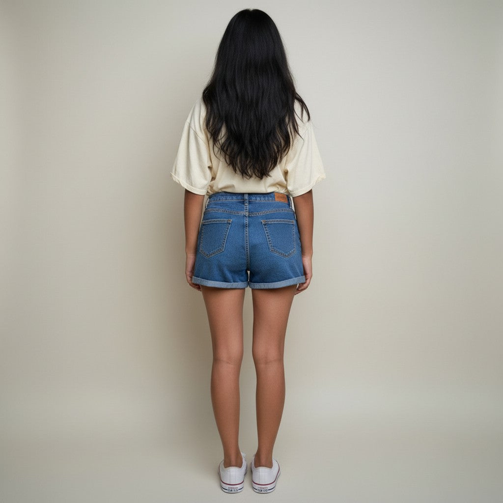 Women’s Mid Blue Denim Shorts – Classic Folded Hem