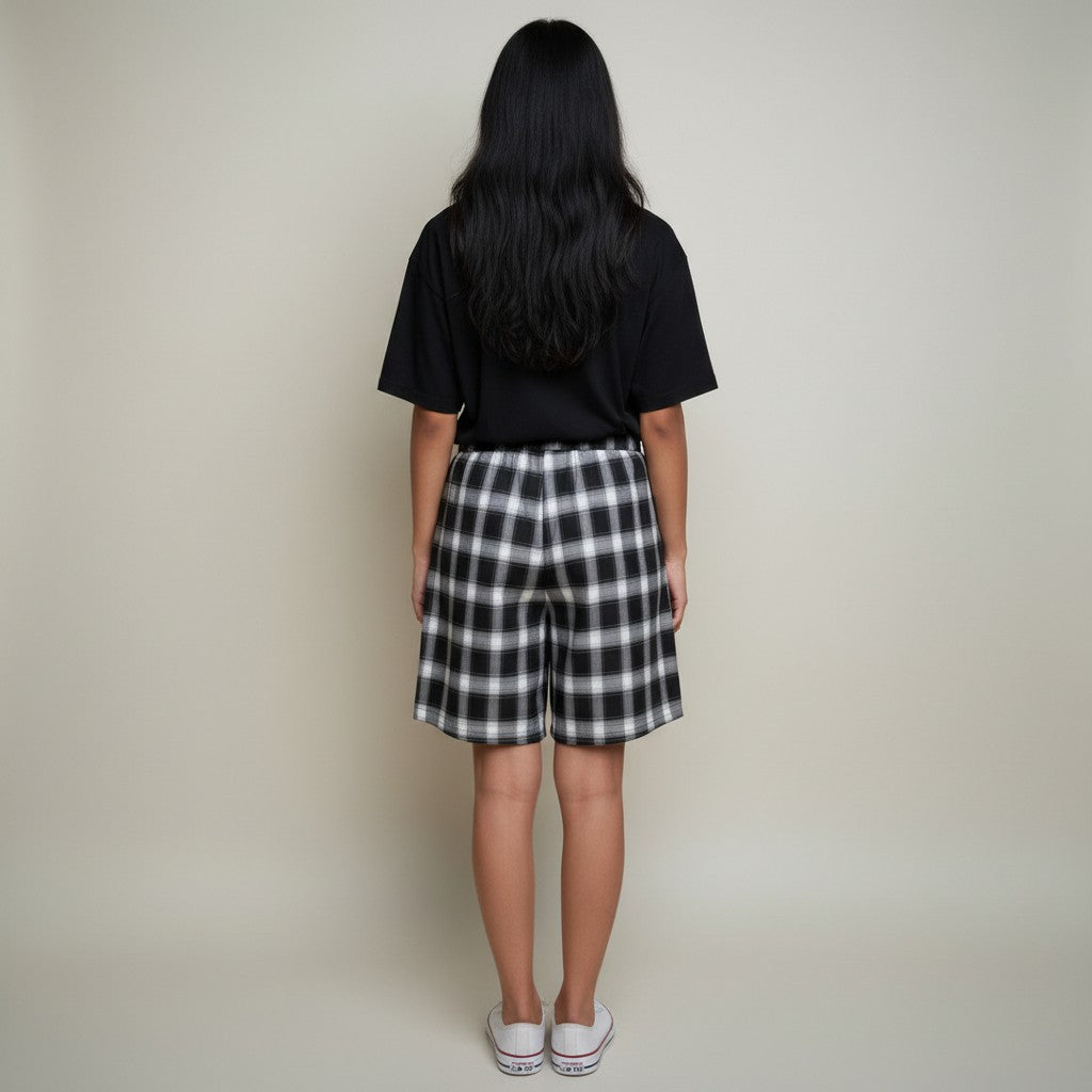 Women’s Black & White Plaid High-Waist Casual Shorts