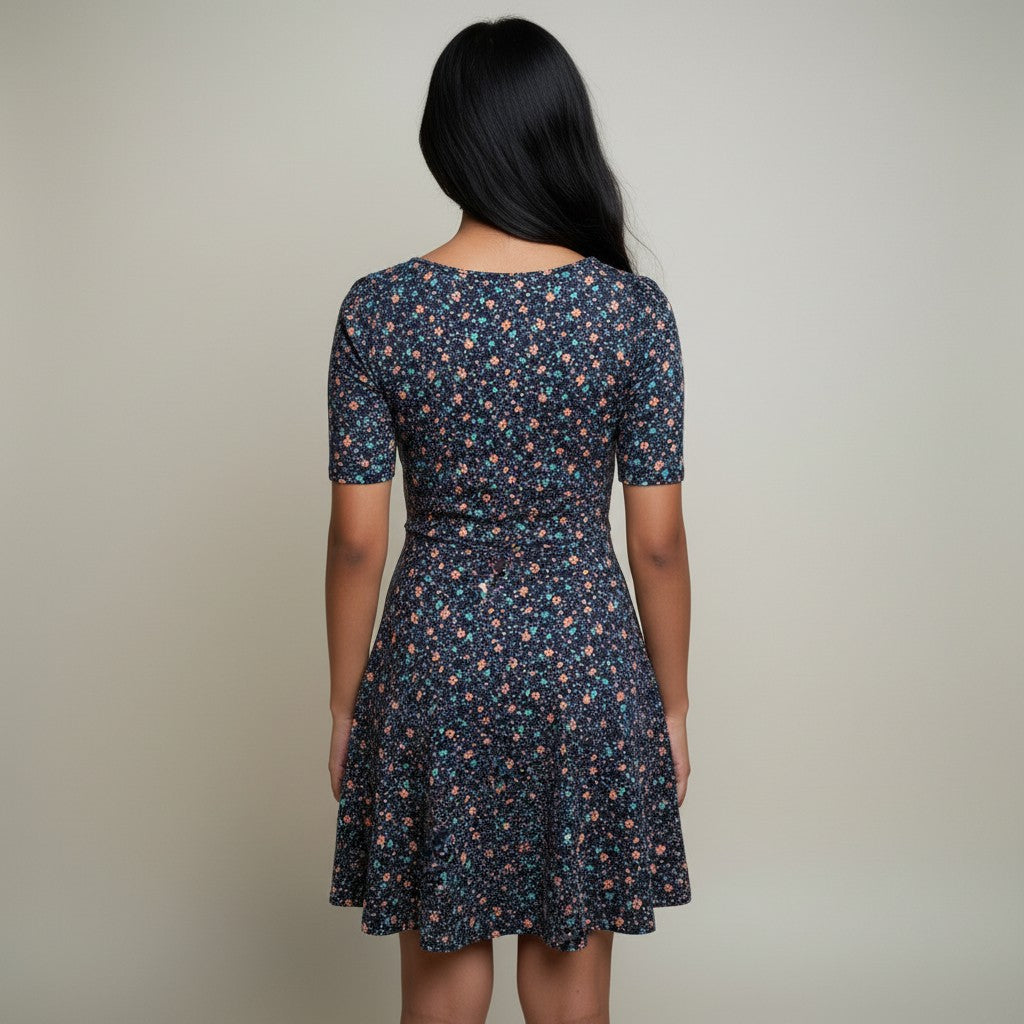 Women’s Navy Blue Floral Printed Fit & Flare Mini Dress