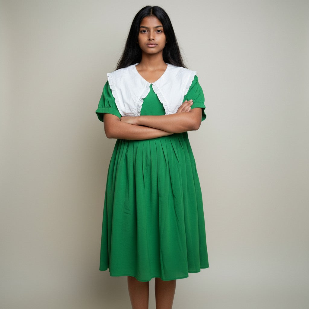 Women’s Green Fit & Flare Mini Dress with White Peter Pan Collar