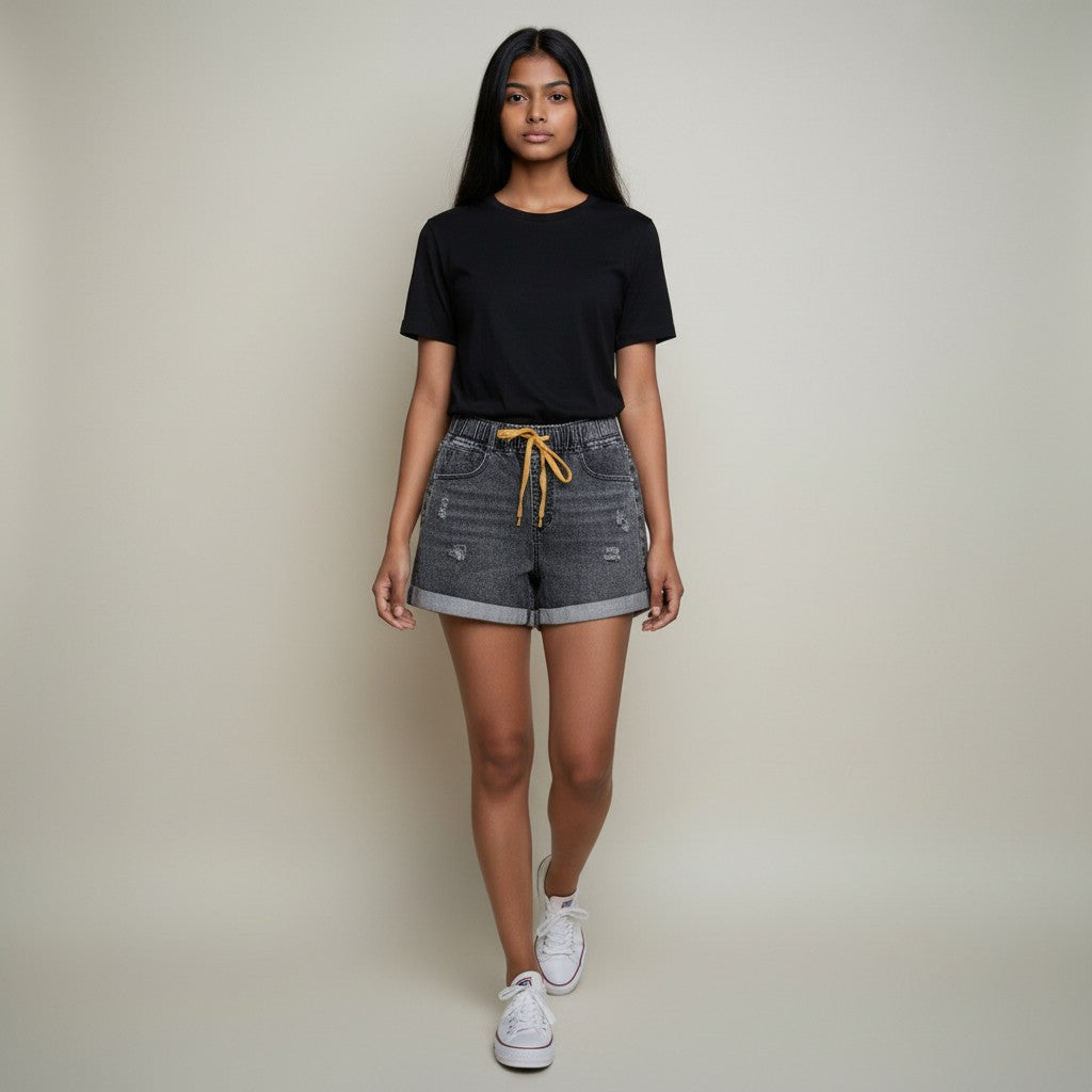 Charcoal Grey Distressed Denim Drawstring Shorts