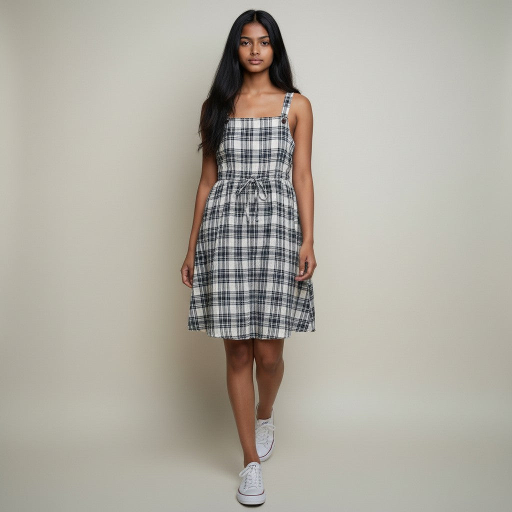 Black & White Plaid Tie-Waist Midi Dress