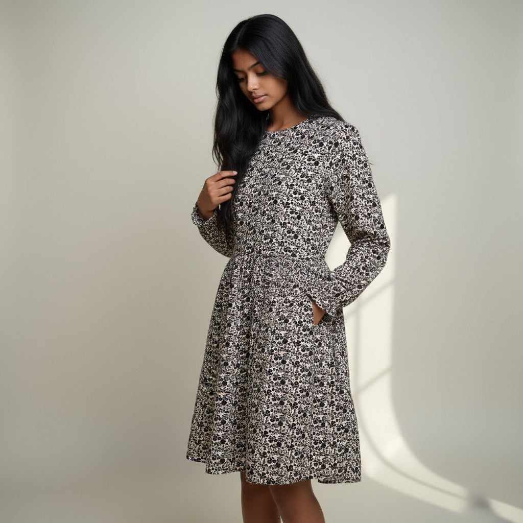 Floral Print Long Sleeve Flared Dress