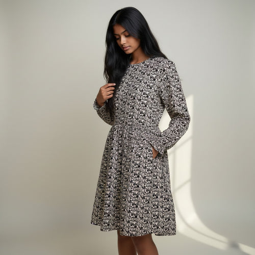 Floral Print Long Sleeve Flared Dress