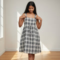 Black & White Plaid Tie-Waist Midi Dress