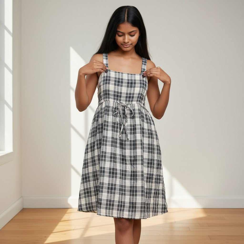Black & White Plaid Tie-Waist Midi Dress