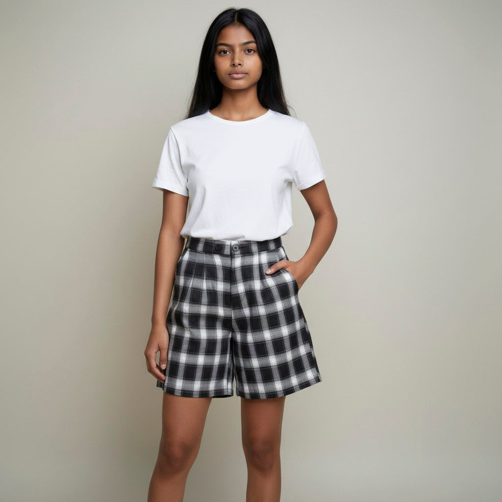Women’s Black & White Plaid High-Waist Casual Shorts