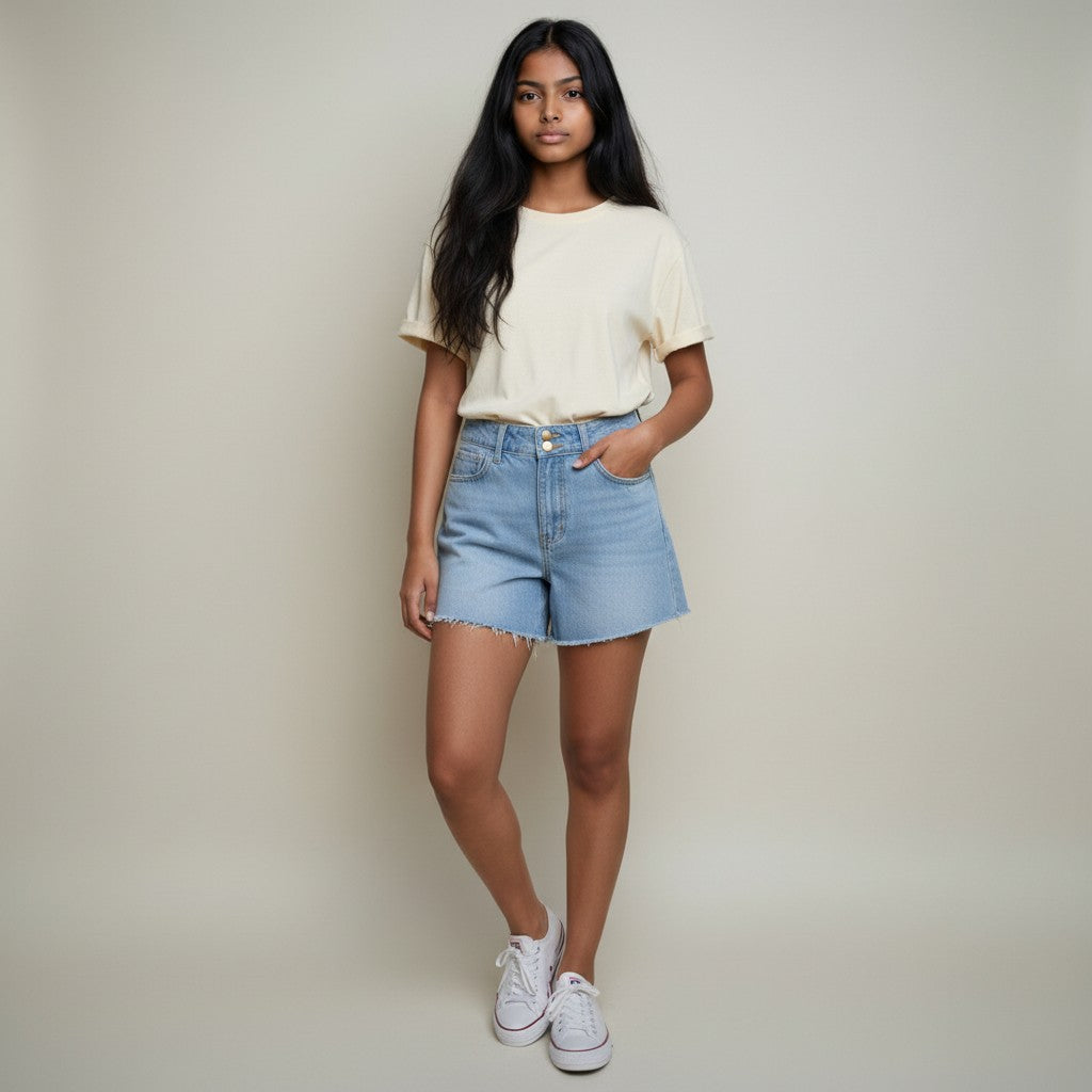 Women’s Light Blue High-Waisted Denim Shorts with Frayed Hem