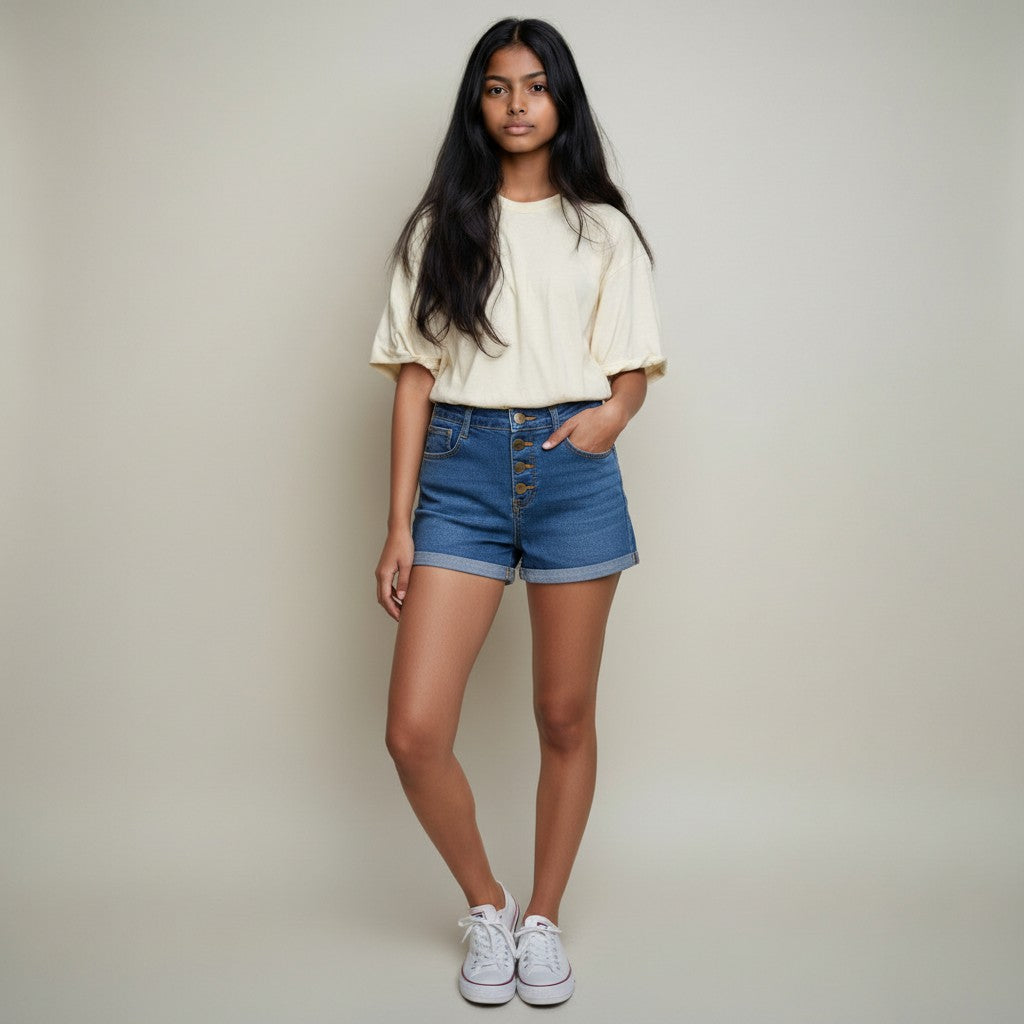 Women’s Mid Blue Denim Shorts – Classic Folded Hem