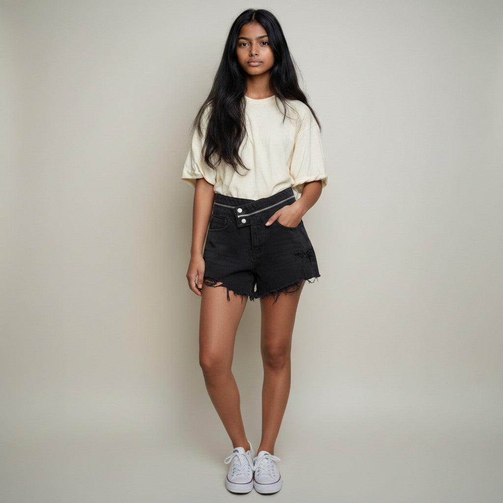 Women’s Black High-Waisted Denim Shorts with Asymmetric Zip & Frayed Hem