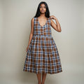 Women’s Brown & Blue Plaid Checkered A-Line Midi Dress