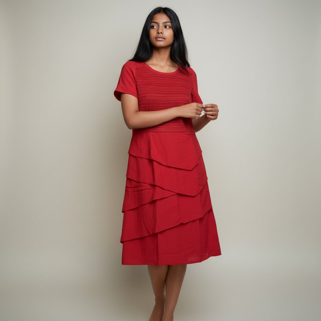 Women’s Red Layered Ruffle Midi Dress
