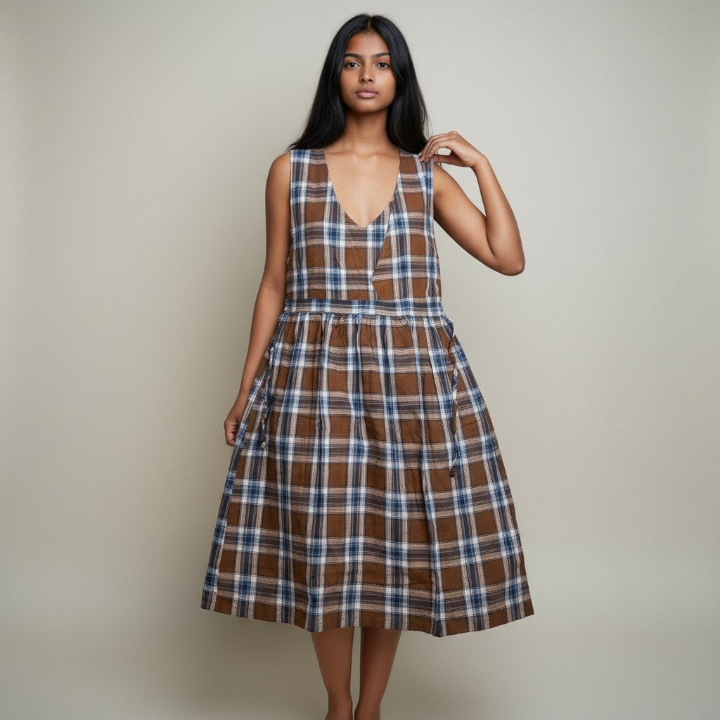 Women’s Brown & Blue Plaid Checkered A-Line Midi Dress