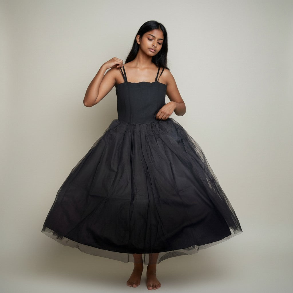 Women’s Black Spaghetti Strap Tulle Midi Dress