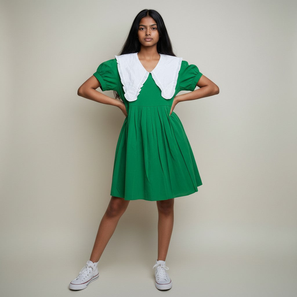 Women’s Green Fit & Flare Mini Dress with White Peter Pan Collar