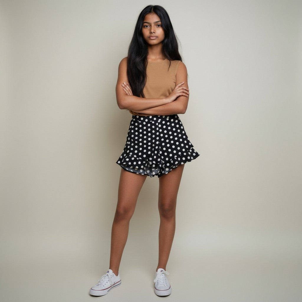 Women’s Black Polka Dot Flared Shorts with Tie-Up Waist