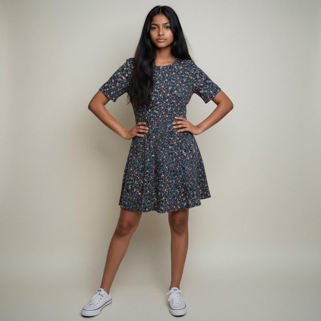Women’s Navy Blue Floral Printed Fit & Flare Mini Dress