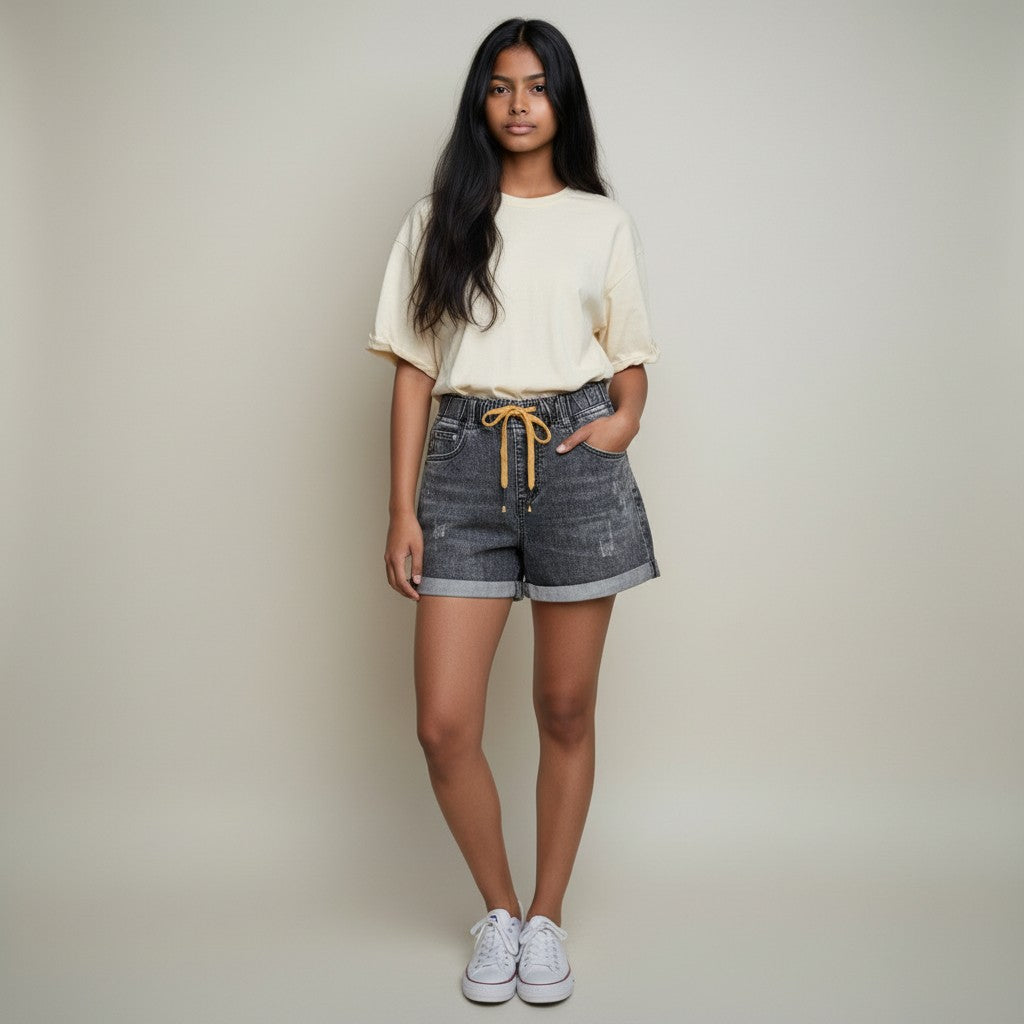 Charcoal Grey Distressed Denim Drawstring Shorts