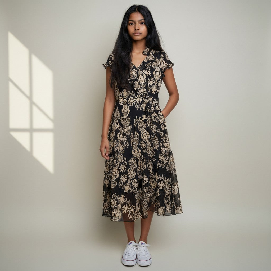 Women’s Black & Beige Floral Printed A-Line Midi Dress