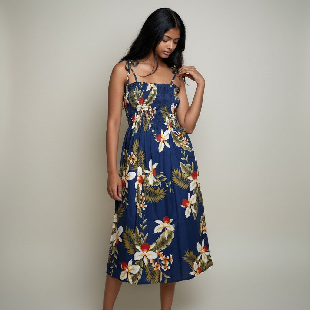 Women’s Navy Blue Floral Printed Smocked Midi Dress with Tie-Up Straps