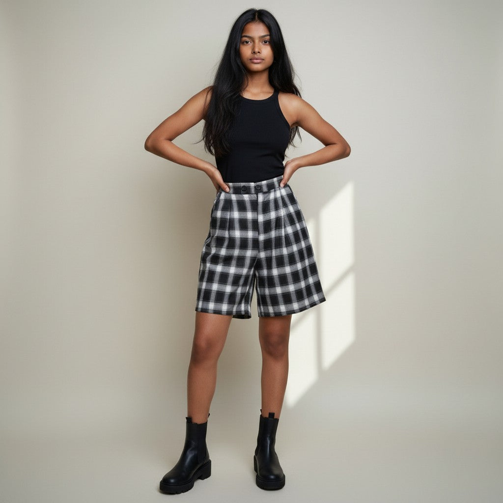 Women’s Black & White Plaid High-Waist Casual Shorts