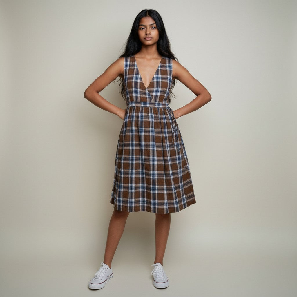 Women’s Brown & Blue Plaid Checkered A-Line Midi Dress