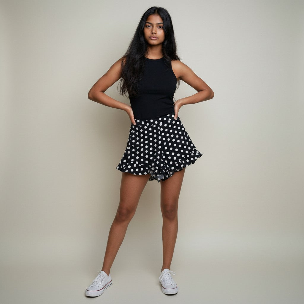 Women’s Black Polka Dot Flared Shorts with Tie-Up Waist
