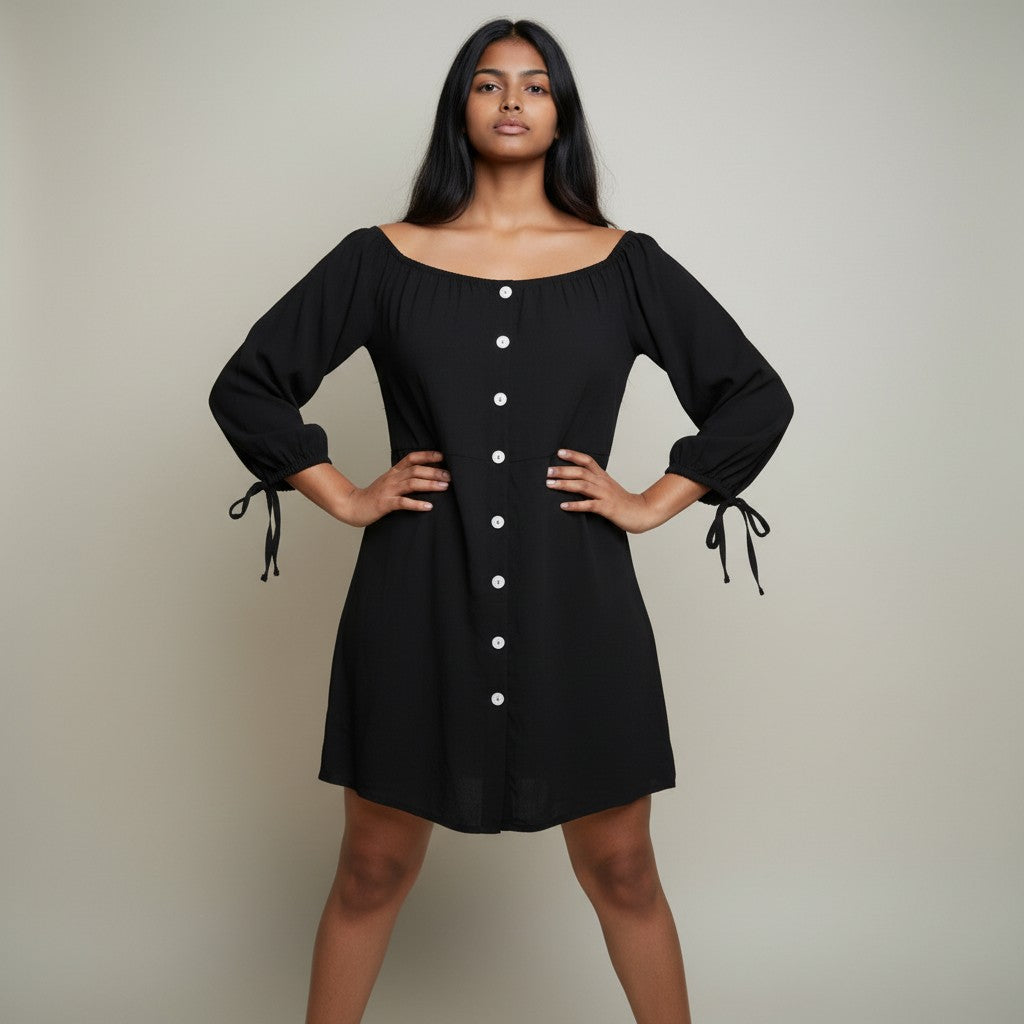 Women’s Black Off-Shoulder Mini Dress with Balloon Sleeves