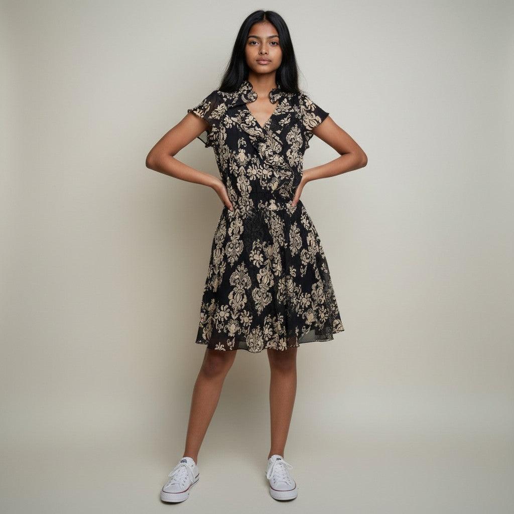 Women’s Black & Beige Floral Printed A-Line Midi Dress