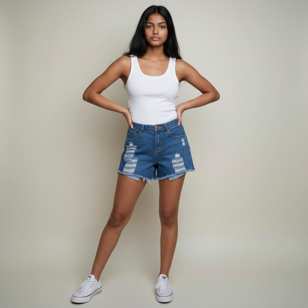 Women’s Mid Blue Distressed Denim Shorts – Ripped & Frayed Hem