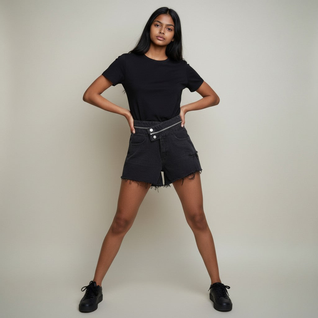 Women’s Black High-Waisted Denim Shorts with Asymmetric Zip & Frayed Hem